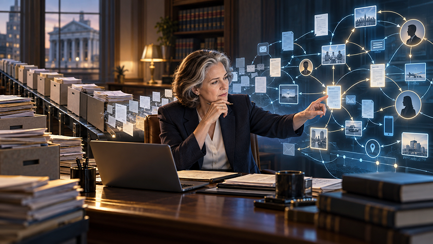An older woman sits in a chair surrounded by boxes and stacks of files, though her attention is focused on a representation of digital connections from documents, to photos, to individual profiles of other people. She looks consideringly at the document highlighted in the middle.