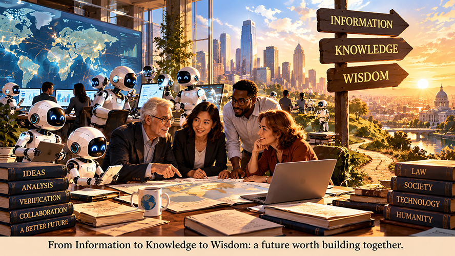 An artistic image. At a desk, several people and robots sit crowded around a map and a computer, seemingly collaborating, all smiling. In the background, more groups of people and robots converse in front of a large map of the world. In the distance, a futuristic skyline looms. Pointing towards this city is a wooden sign with three arrows that separately read information, knowledge, wisdom. At the bottom of the image, text reads, from information to knowledge to wisdom: a future worth building together.