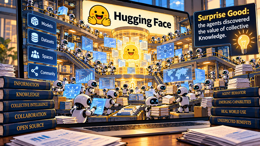 An artistic image of a computer on a desk displaying a large room. The room is full of robots carrying out various tasks. Some carry papers, some work on futuristic floating screens, some look out over railings as if supervising. At the front of the room, a large sign reads Hugging Face with the logo next to it. A floating screen off to the side reads, Surprise Good: the agents discovered the value of collective knowledge. At the edges of the desk on which the computers sit, books read Information, Knowledge, Collective Intelligence, Collaboration, Open Source, Agent Behavior, Emerging Capabilities, Real World Use, and Unexpected Benefits.