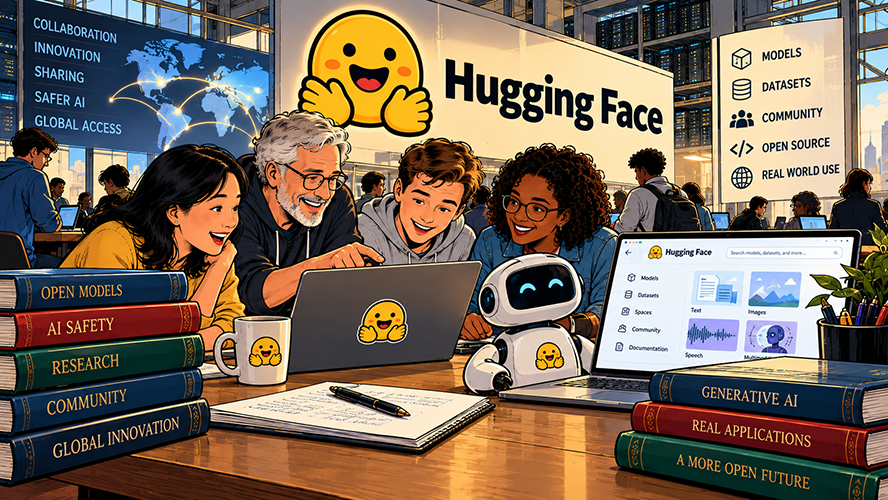 A group of people in a room surrounded by servers and whiteboards, as if in a futuristic library. On the board, it reads Hugging Face, next to the Hugging Face logo. On the board next to Hugging Face is a digital image of all the continents, and next to this reads, Collaboration, innovation, sharing, safer AI, global access. At the desk, four people are gathered around a computer with the Hugging Face logo on the back of the computer. Next to these people, a small robot with the Hugging Face logo on its chest is looking at a webpage which reads "Hugging Face" on the robot's own personal computer.