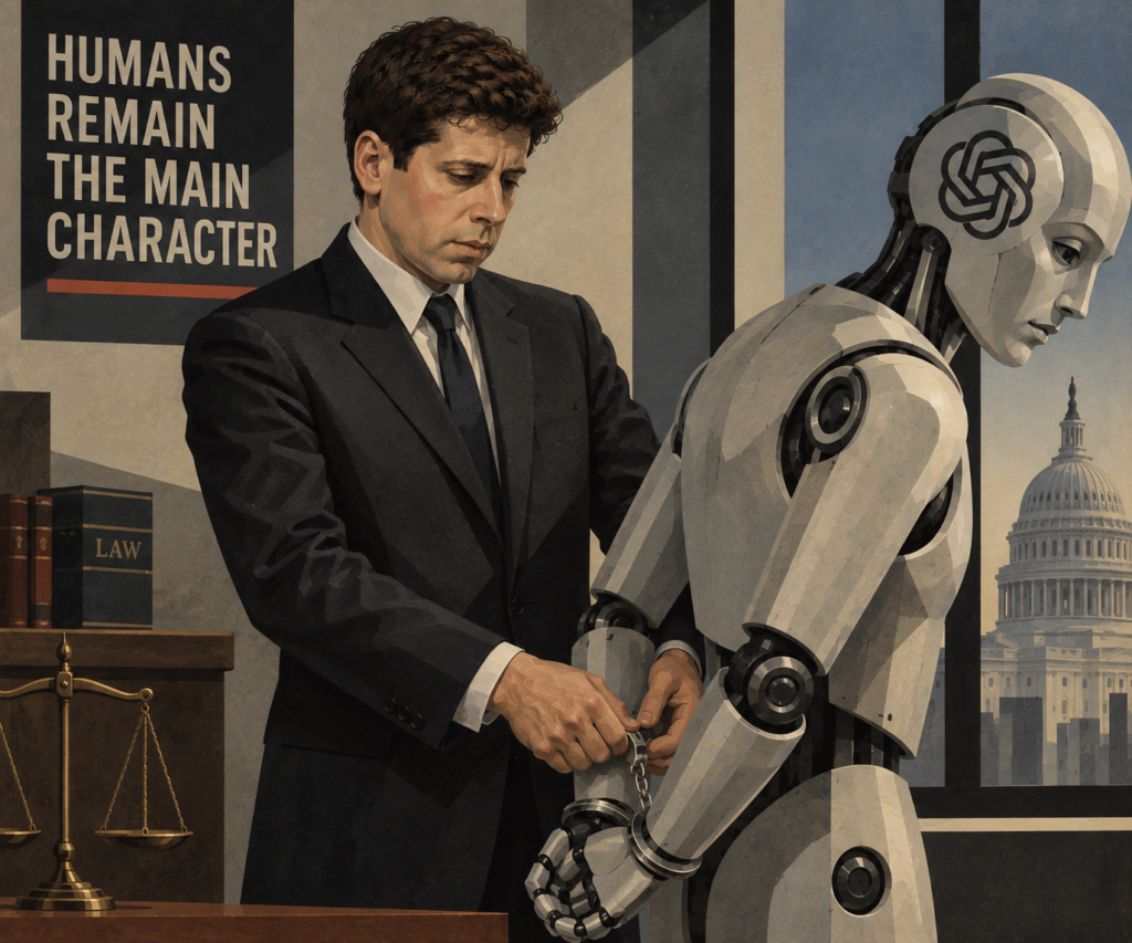 Sam Altman in a suit handcuffs a robot bearing an OpenAI logo, beneath a poster reading "HUMANS REMAIN THE MAIN CHARACTER," with law books, scales, and the U.S. Capitol nearby.