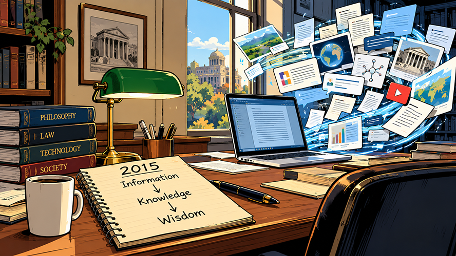 An artistic image of a desk. The desk contains books that say Philosophy, Law, Technology, and society across the spines. On the desk, illuminated by a lamp and next to a mug of coffee, a notepad reads 2015: Information - knowledge - wisdom. A laptop open on the desk is illustrated to flow with various images of earth, diagrams, photos of museums and landmarks and the earth.