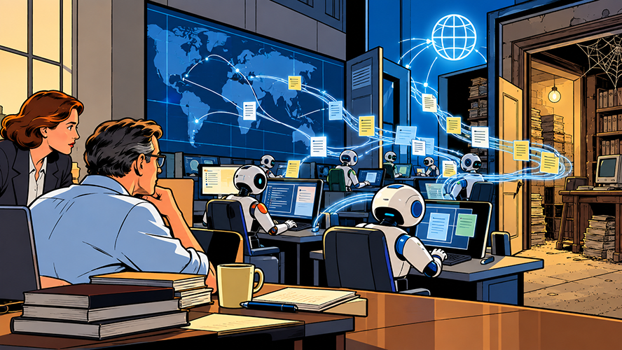 An artistic image of a room with desks oriented like a classroom. At the longest, most prominent desk sit two people looking out in fascination and concentration at the smaller desk around the room that are populated by robots on computers. Each of the computers is creating a line of light that leads to either a large projection of the world or a hovering graphic of a sphere meant to represent the earth. In the distance, through an open entryway, it's possible to see a derelict room with outdated technology and stacks of papers. This room contains a spiderweb, as if unused for a long time.