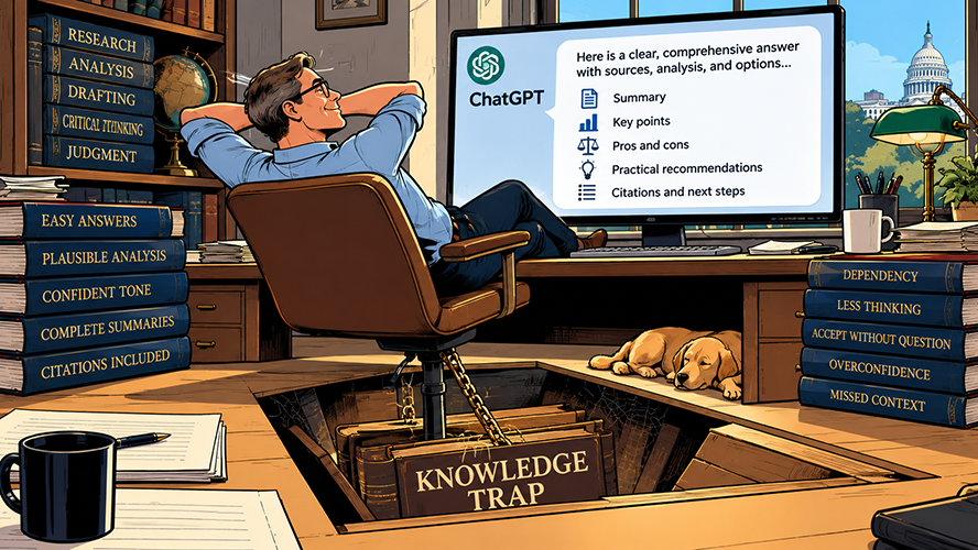 A man in an office full of books leans back in a chair at a desk. On his screen, it reads, "ChatGPT: Here is a clear, comprehensive answer with sources, analysis, and options... summary, key points, pros and cons, practical recommendations, citations and next steps." The man in the chair is weighed down by several books attached by chains to his chair that read Knowledge Trap. Despite this, he seems perfectly pleased with ChatGPT on his computer, unaware that the knowledge trap has broken through the floorboards of his office.