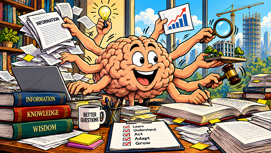 An artistic rendering of an office. Sitting and working at the office desk is a human brain with a smiling face and nine arms all taking part in various activities. It sorts information, holds up a lightbulb, writes in a book, swings a gavel, displays and looks at an architectural structure through a magnifying glass, and holds up a graph. The books on the desk read, Information, knowledge, wisdom. The mug on the desk reads Better Questions. There is a clipboard with a piece of paper on the desk that reads Learn, Understand, Act, Adapt, Grow.