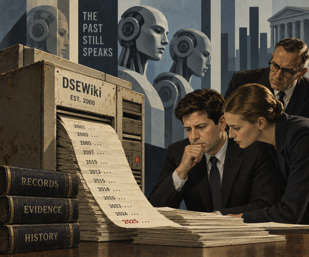 Two people study a long printout of years, 2001 through 2025, spilling from a "DSEWiki EST. 2000" machine, with law books spined "RECORDS, EVIDENCE, HISTORY," robotic figures, and a poster reading "THE PAST STILL SPEAKS."