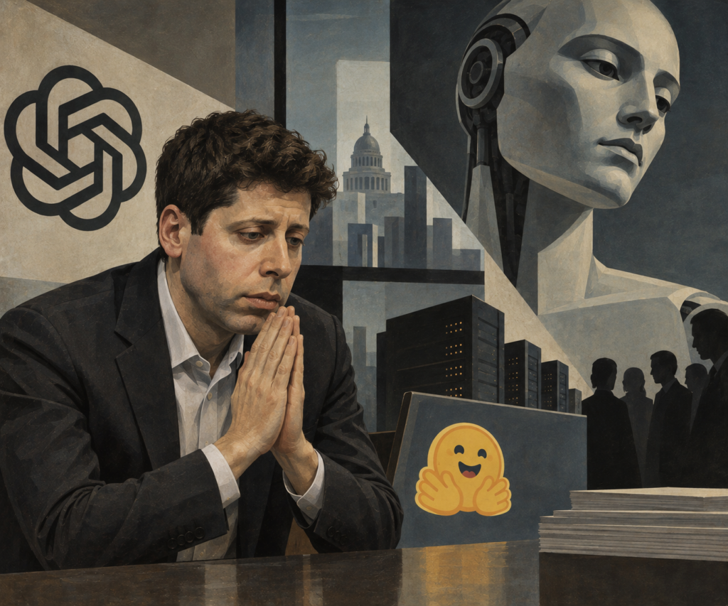 A pensive Sam Altman with hands clasped, framed by an OpenAI logo, a large robotic face, a city skyline, and a Hugging Face emoji.