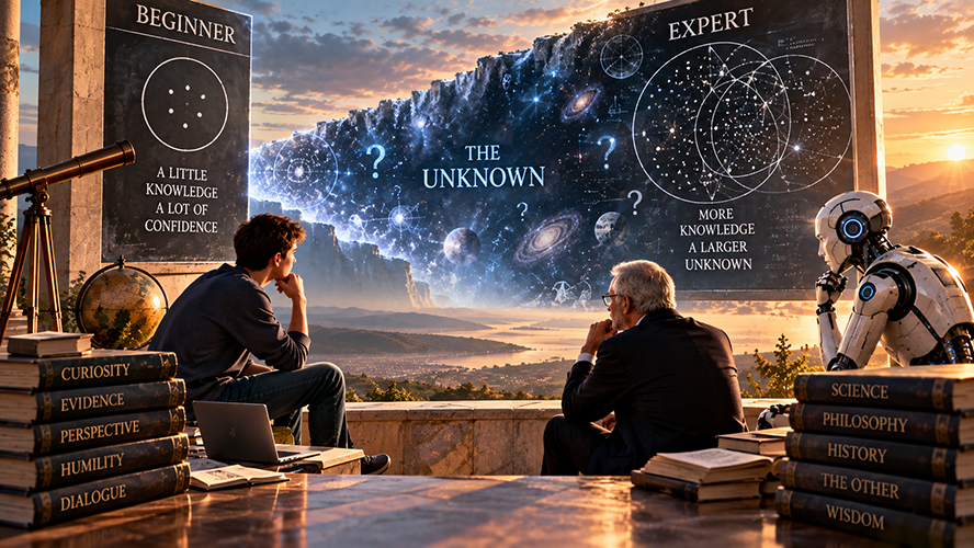 Two humans and a robot contemplate a vast unknown filled with planets and question marks. Displays contrast a beginner's limited knowledge and confidence with an expert's greater knowledge and awareness of the unknown.