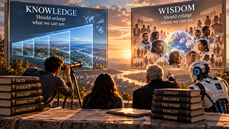 Three humans and a robot look toward two large screens overlooking a landscape. One reads "Knowledge should enlarge what we can see," while the other reads "Wisdom should enlarge whom we can see."