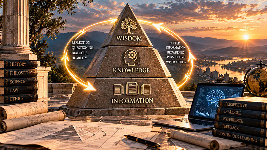 A three-tiered pyramid displays "Information" at the bottom, "Knowledge" in the middle, and "Wisdom" at the top. Circular arrows represent better information, broadened perspective, wiser action, reflection, questioning, dialogue, and humility.