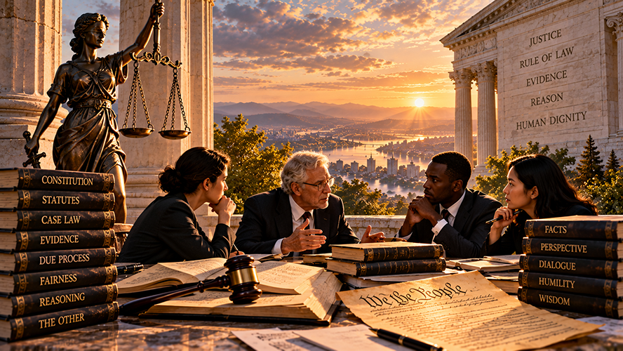 Four legal professionals discuss evidence at a table with law books and the U.S. Constitution, framed by a statue of justice and a courthouse displaying legal principles.