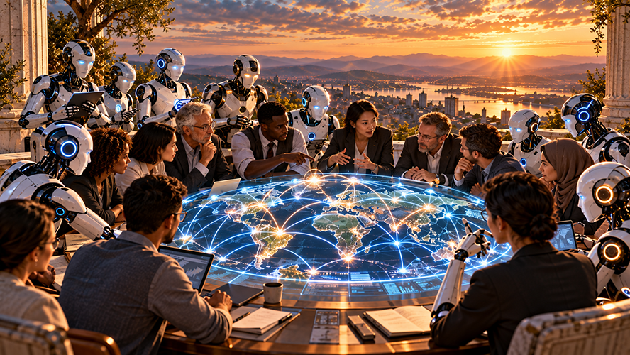 Humans and humanoid robots gather around a glowing world map at a conference table, illustrating global cooperation between people and artificial intelligence.