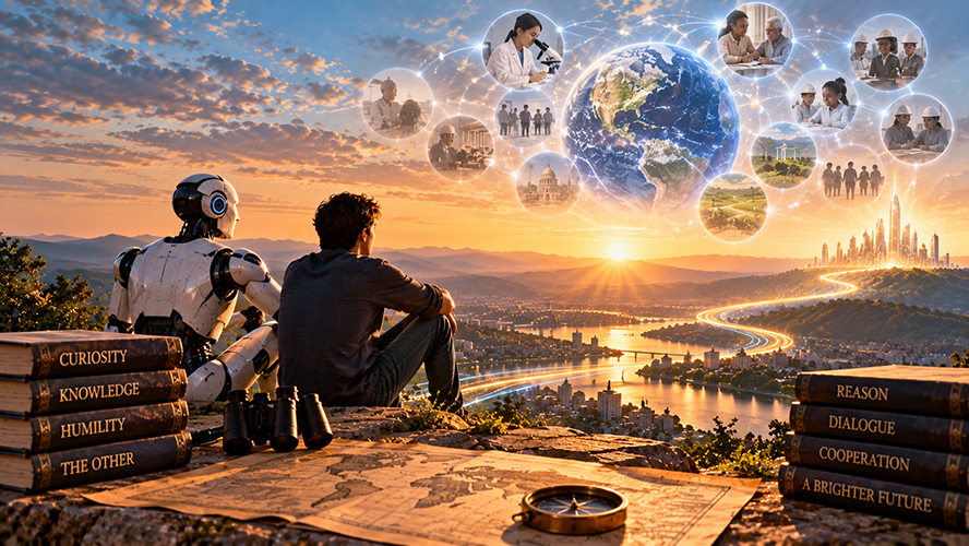 A human and a humanoid robot sit together overlooking a landscape, with interconnected images of families, healthcare, nature and society surrounding a globe.