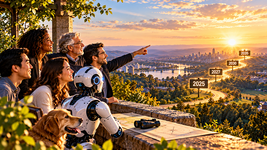 A group of humans and a robot overlook a winding illuminated path marked 2025, 2027, 2030 and 2035, representing milestones toward a future transition.