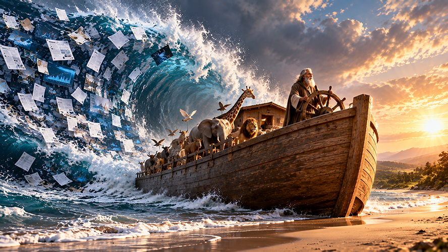 Illustration of Noah steering an ark filled with animals away from a towering wave of documents and digital information toward calmer waters at sunrise.