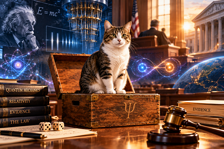 Schrödinger’s Cat sits in an open wooden box surrounded by legal evidence, a judge’s gavel, quantum imagery, and Einstein’s portrait.
