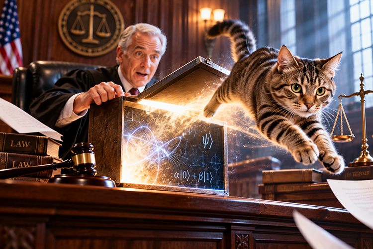 An artistically rendered image of a courtroom. A judge sits at the bench. He opens a box with a surprised expression on his face as a cat jumps out of the now open box.