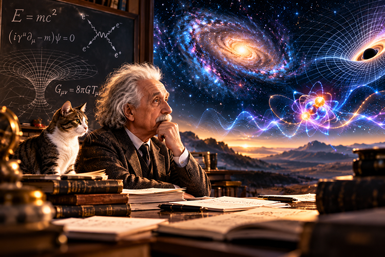 Albert Einstein sits beside a cat, contemplating equations, galaxies, and a black hole illustrating the unresolved relationship between quantum mechanics and general relativity.