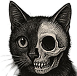 An artistic rendering of a black cat with half of its head represented as a feline skull.