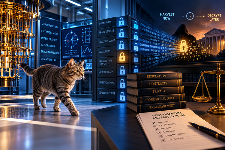 An artistic depiction of a cat walking from a futuristic lab space towards a desk with court materials on it. On the table sits five books that read, "Regulations, contracts, privacy, professional duty, and risk management," across the spine. On a paper on the table reads, "Post-quantum migration plan."