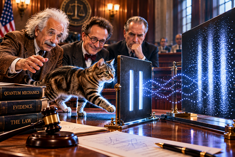 An artistically rendered image of a courtroom. On a table, a cat walks towards a slab with double slits in it, projecting light at a second board which logs this information. All of this is overseen by three artistic depictions of Albert Einstein, Erwin Schrodinger, and Niels Bohr.
