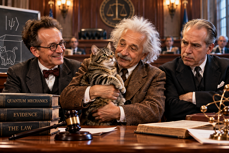 An artistic rendering of three human beings in a courtroom sitting at a bench. Einstein holds a cat, Schrodinger smiles, and Bohr frowns.
