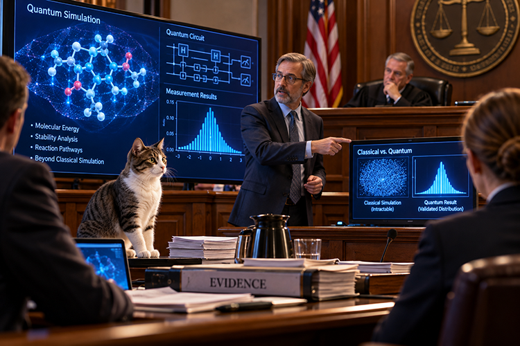 An expert presents quantum simulation results and molecular models to a court while a cat sits beside evidence exhibits and a judge observes.