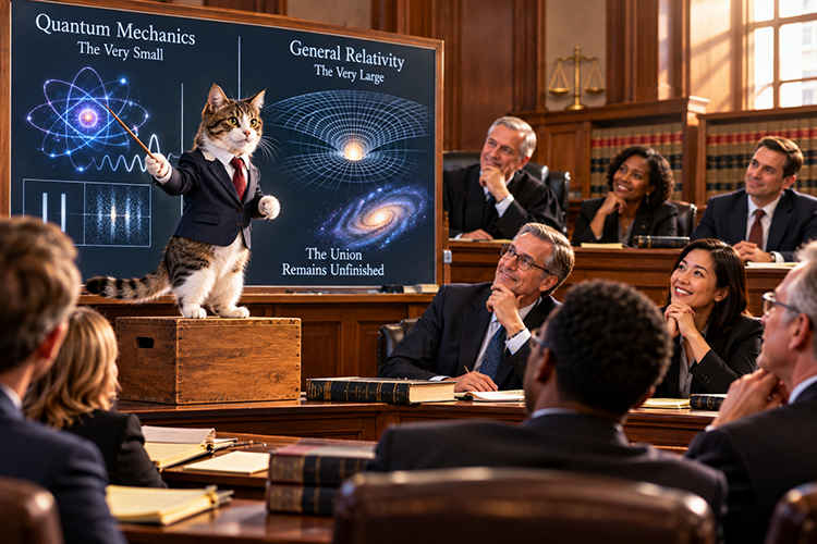 A cat dressed as a lawyer explains quantum mechanics and general relativity on a courtroom blackboard as judges and attorneys listen.