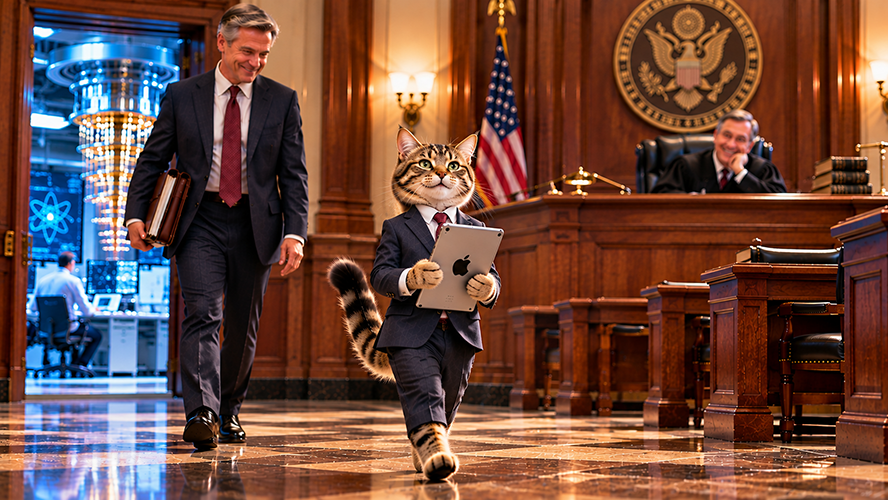 A cat dressed as a lawyer carries an iPad into a courtroom, accompanied by an attorney, with a quantum computing laboratory in the background.