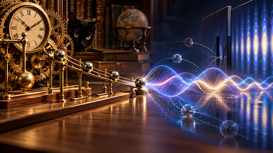 An artistically rendered image of a desk. At the left side of the desk sits a timepiece with various cogs that connect to a series of metal balls that move down a ramp. These head towards a metal sheet with a hole in it and various glowing lines. All of this is being watched by a keen-eyed black cat.