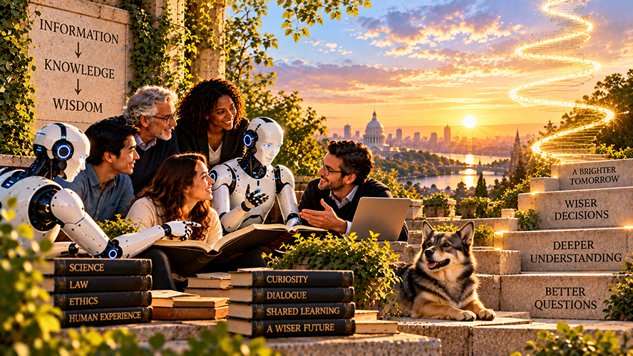 Humans and a robot discuss ideas in a garden beside steps labeled "Better Questions, Deeper Understanding, Wiser Decisions and A Brighter Tomorrow."