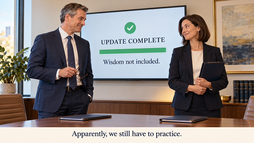 Two professionals stand in a conference room beside a screen displaying Update Complete and Wisdom not included, with the caption Apparently, we still have to practice.