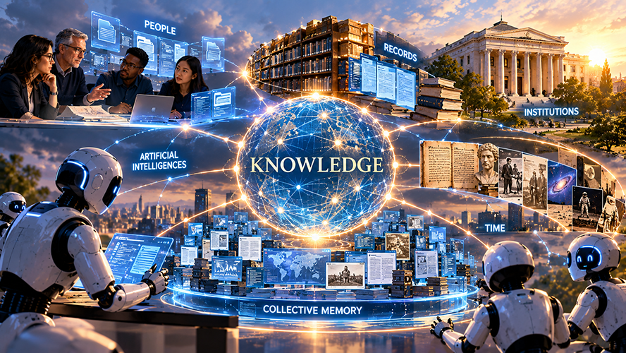 A glowing globe labeled "Knowledge" receives contributions from people, records, institutions, time, collective memory, and artificial intelligences.