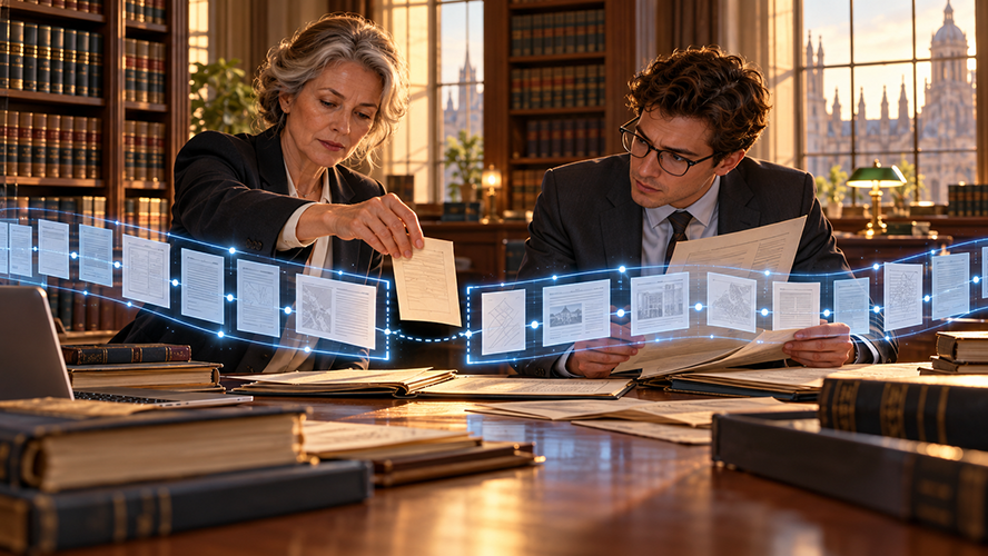 Two legal professionals examine paper records and a floating digital timeline in an office, illustrating the review of an AI-generated evidence chronology.