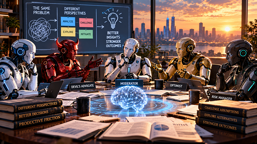 Five robots sit around a boardroom table discussing different perspectives. Books and a presentation board emphasize productive friction, challenging assumptions, and stronger outcomes. The robots include a devil's advocate, moderator, optimist, and risk manager.