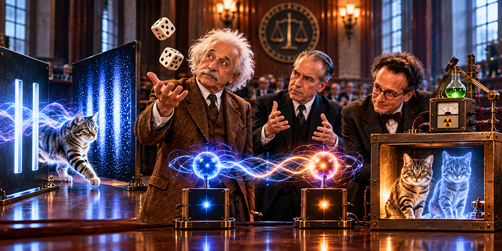 An artistically rendered image of a courtroom. Einstein, Schrodinger, and Bohr stand behind a desk, Einstein throwing a set of two dice in the air. To their left, a cat emerges through the two slits of a quantum experiment. On the table in front of the three men are two glowing orbs connecting in wisps, one blue and one orange. To the right of these, two cats are inside of a box mimicking the typical Schrodinger's cat experiment with one glowing yellow cat and one blue ghostly cat, both represented at the same time.