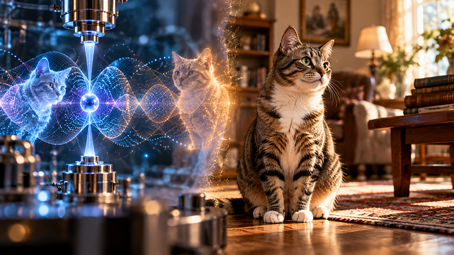 An artistic depiction of a living room. In it sits a cat, looking off to the side, while to the cat's left is a glowing ball suspended by two beams of light, with two glowing, pixelated unreal cats looking inward at the orb.