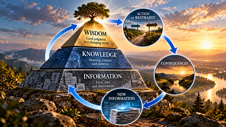 Illustration of a pyramid labeled Information, Knowledge and Wisdom, with arrows connecting action or restraint, consequences and new information in a continuous feedback cycle.