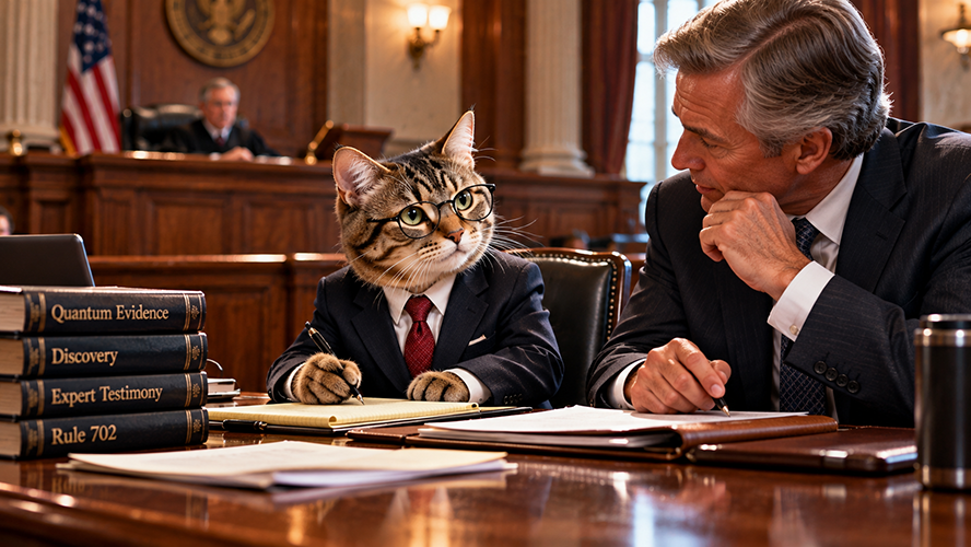 An artistic rendition of a court. At a desk in the courtroom sits a cat in a suit and glasses, taking notes while being watched over by a human man.