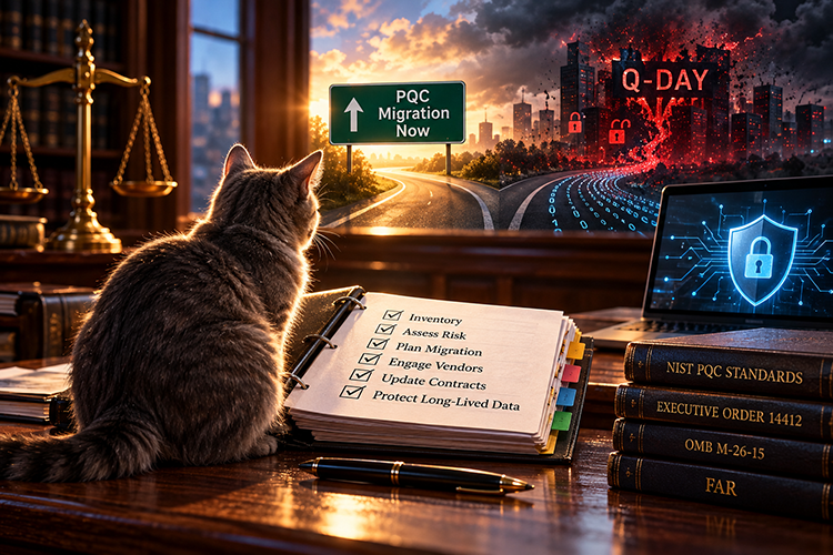 A cat reviews a post-quantum cryptography migration checklist as roads diverge toward cybersecurity preparedness and the looming threat of Q-Day.