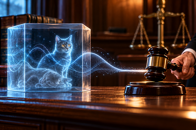 A glowing cat sits inside a transparent quantum box beside a judge's gavel, symbolizing the relationship between quantum uncertainty and legal judgment.