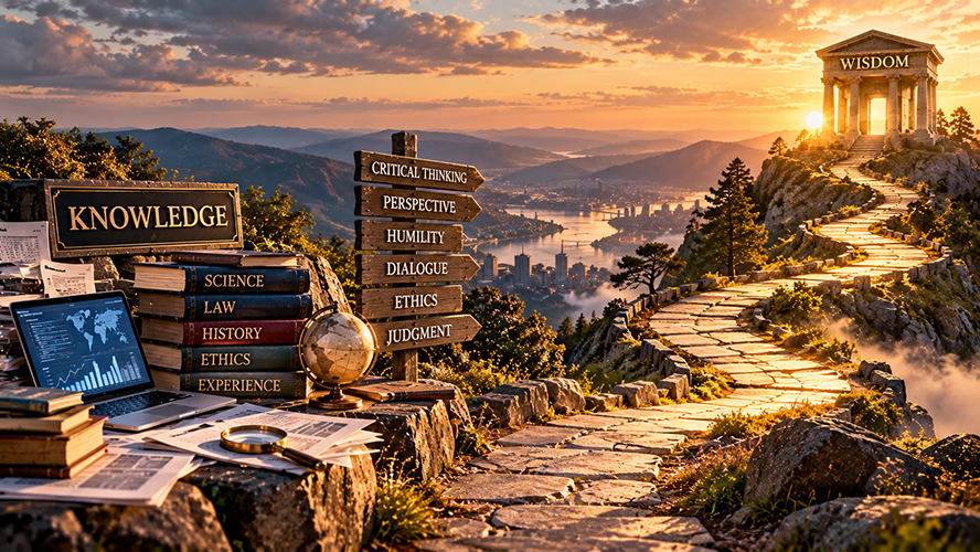 A winding path leads from books and a sign labeled "Knowledge" to a Grecian temple labeled "Wisdom." Signs along the path read "Critical Thinking," "Perspective," "Humility," "Dialogue," "Ethics," and "Judgment."