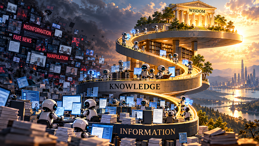 Illustration of a spiral pathway rising from Information through Knowledge toward a temple labeled Wisdom, away from screens displaying misinformation, fake news and manipulation.