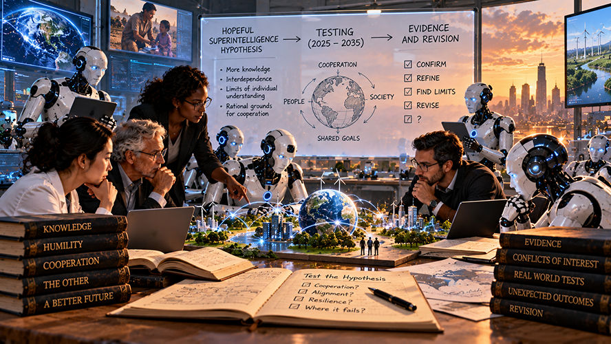 Humans and robots examine a miniature world and a board outlining the Hopeful Superintelligence Hypothesis, testing from 2025 to 2035, and evidence-based revision.