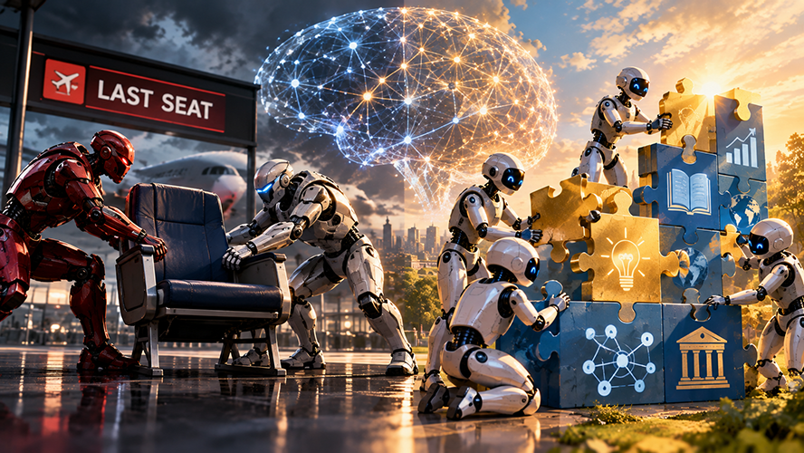 Two futuristic robots compete for an airline seat labeled "Last Seat," while four other robots collaboratively stack puzzle pieces representing shared knowledge.