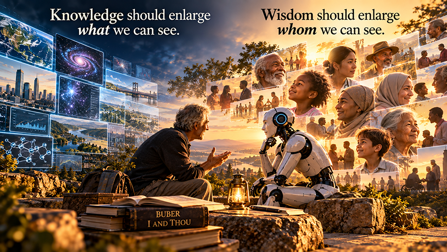 A man and a robot face each other in conversation, surrounded by images of knowledge and humanity. Above them are the statements "Knowledge should enlarge what we can see" and "Wisdom should enlarge whom we can see."