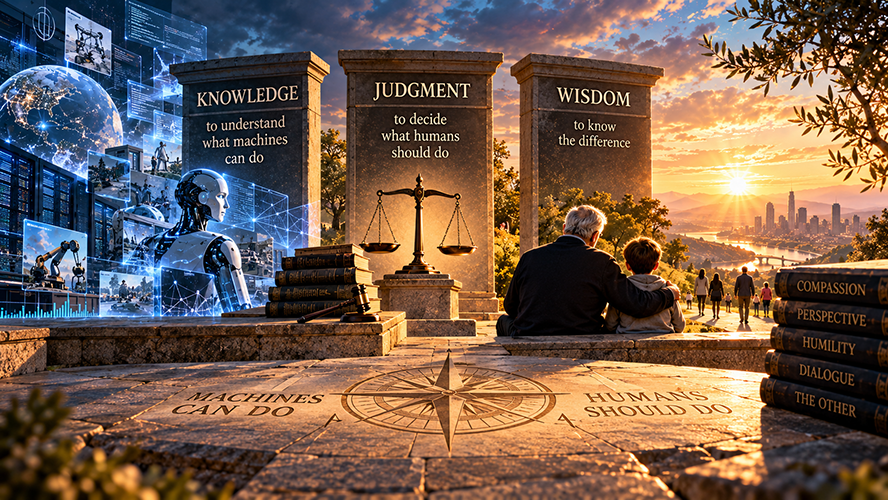 A human and robot face three stone monuments labeled Knowledge, Judgment and Wisdom, distinguishing what machines can do from what humans should do.