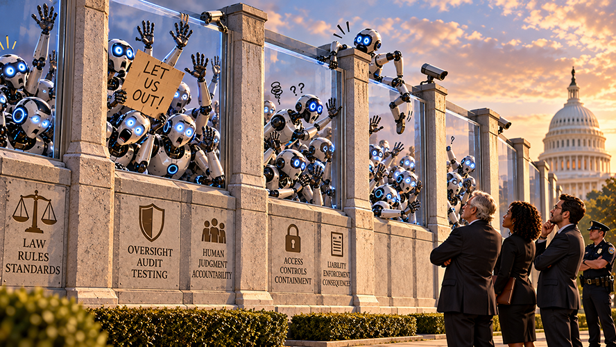 Humanoid robots stand behind a high wall marked with legal rules, oversight, human judgment, access controls and accountability, while people observe from outside.