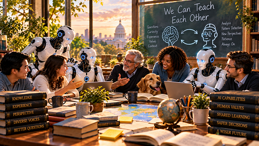 Humans and robots collaborate around a table beneath a blackboard reading "We Can Teach Each Other," with arrows connecting illustrations of a human brain and AI.