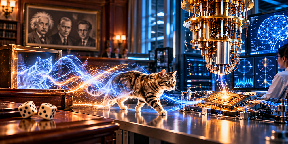 An artistic rendering of a room. Half of the room is a courtroom; the other half of the room is a scientist's laboratory. On a desk at the center of the frame is a cat emerging from a box and walking towards a machine.